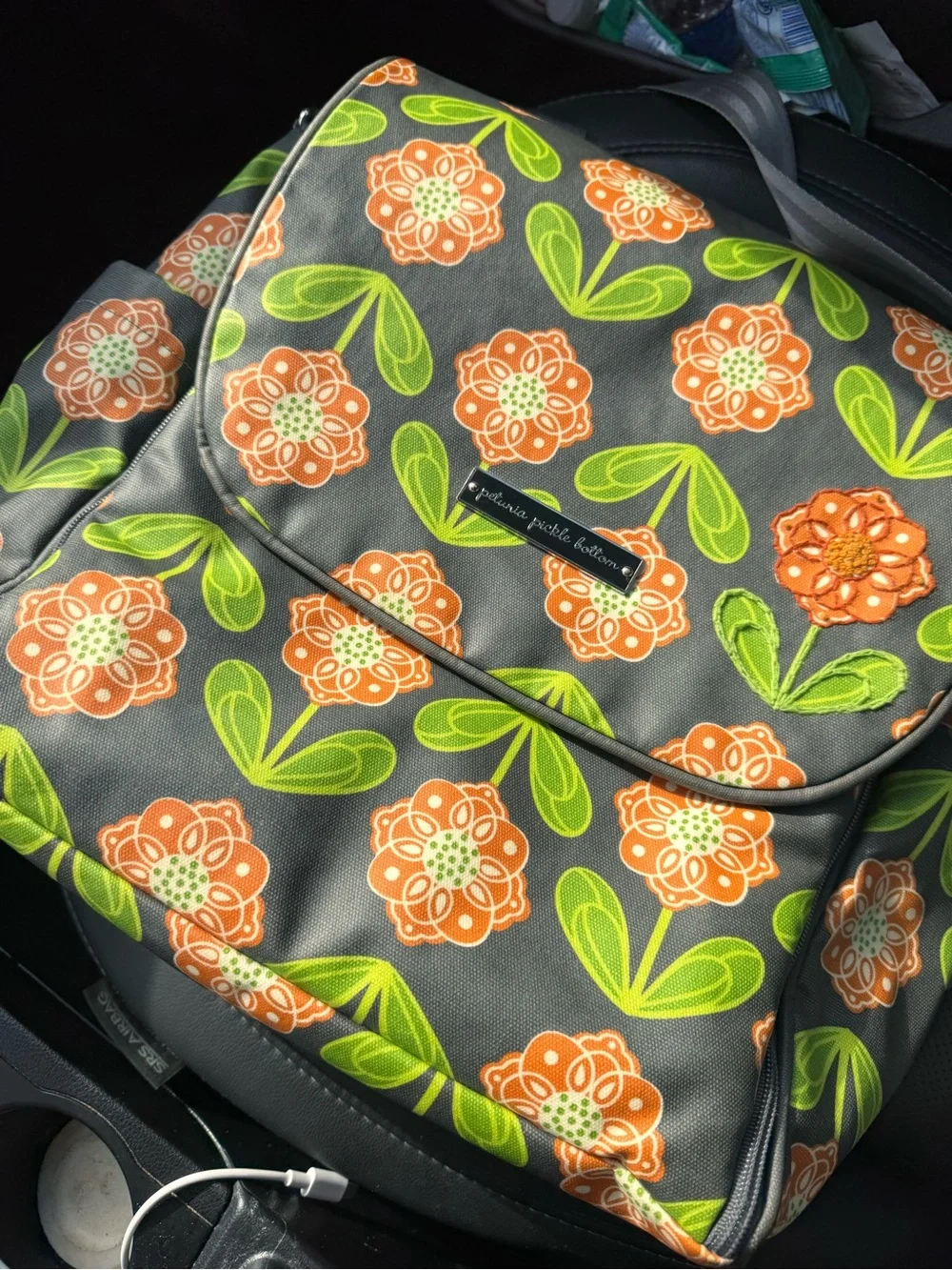 Petunia Pickle Bottom Boxy Backpack Gray Floral Diaper Bag - Excellent Condition